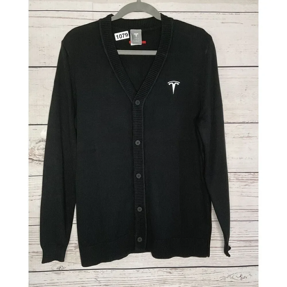 Tesla Men’s Size Medium M V-Neck Cardigan Button Sweater in Black Embroidered